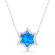 Pacific-Blue Lab Opal & CZ Crystal Star of David w/ Cable & Bezel Link Chain Necklace in .925 Sterling Silver - GN-JN001-OpBlue2CZ-SL
