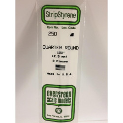 Evergreen 250 - 0.1"/2.5mm Polystyrene Quarter Round 14"/35cm Lengths 3 pcs