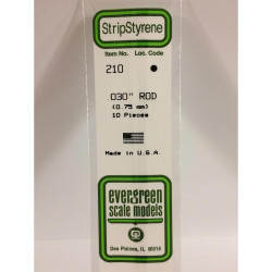 Evergreen 210 - 0.03"/0.75mm Polystyrene 14"/35cm Rods 10pcs