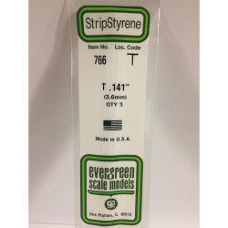 Evergreen 766 - 0.141"/3.6mm Polystyrene T-Shapes 14"/35cm 3 pcs