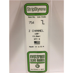 Evergreen 754 - 0.125"/3.2mm Polystyrene Z-Channels 14"/35cm 3 pcs