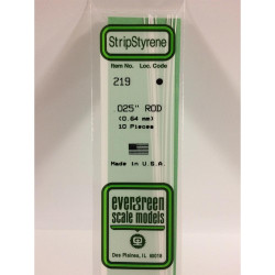 Evergreen 219 - 0.025"/0.64mm Polystyrene 14"/35cm Rods 10pcs