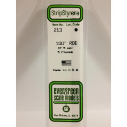 Evergreen 213 - 0.1"/2.5mm Polystyrene 14"/35cm Rods 10pcs