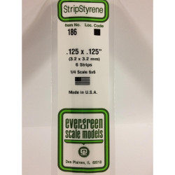 Evergreen 186 - 0.125" x 0.125" Polystyrene Strips 14"/35cm 10pcs