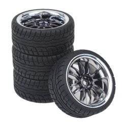 RC Car 1:10 Wheels w/V-Tread Tyres 12mm Hex - Chrome/Black