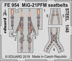 Eduard FE954 Etched Aircraft Detailling Set 1:48 Mikoyan MiG-21PFM seatbelts Ste