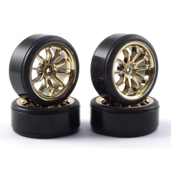 Fastrax 1:10 10-Spoke Gold Street Wheels w/Drift Tyres Set RC Car Hop Up Part
