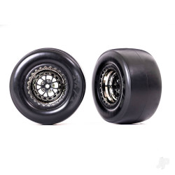 Traxxas Tyres & wheels, assembled, glued (Weld black chrome wheels, Mickey Thompson ET Drag Slicks, smoke, foam inserts) (rear) (2) 9477X
