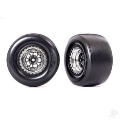 Traxxas Tyres & wheels, assembled, glued (Weld chrome with black wheels, Mickey Thompson ET Drag Slicks, smoke, foam inserts) (rear) (2) 9477R