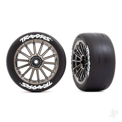 Traxxas Tyres and wheels, assembled, glued (multi-spoke black chrome wheels, 2.0" slick Tyres with Traxxas logo, foam inserts) (rear) (2) (VXL rated) 9375R