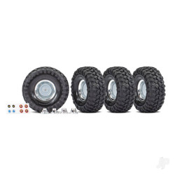 Traxxas Tyres and wheels, assembled, glued (1.9" chrome wheels, Canyon Trail 4.6x1.9" Tyres) (4) / center caps (4) / decal sheet (requires #8255A extended stub axle) 8166X