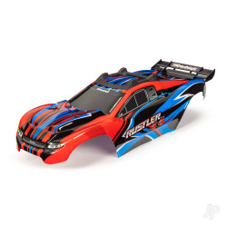 Traxxas Body, Rustler 4X4, red & blue/ window, grille, lights decal sheet (assembled with front & rear body mounts and rear body support for clipless mounting) 6734R