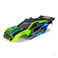 Traxxas Body, Rustler 4X4, green & blue/ window, grille, lights decal sheet (assembled with front & rear body mounts and rear body support for clipless mounting) 6734G
