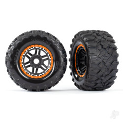 Traxxas Tyres & wheels, assembled, glued (black, orange beadlock style wheels, Maxx MT Tyres, foam inserts) (2) (17mm splined) (TSM rated) 8972T