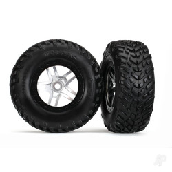 Traxxas Tyres & wheels, assembled, glued (S1 compound) (SCT Split-Spoke satin chrome, black beadlock style wheels, dual profile (2.2" outer, 3.0" inner), SCT off-road racing Tyres, foam inserts) (2) (front / rear) 5975X
