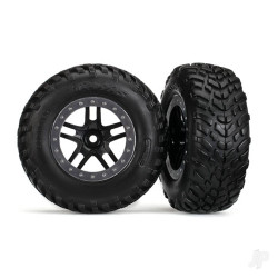 Traxxas Tyres & wheels, assembled, glued (SCT Split-Spoke black, satin chrome beadlock style wheels, dual profile (2.2" outer, 3.0" inner), SCT off-road racing Tyres, foam inserts) (2) (2WD front) 5890