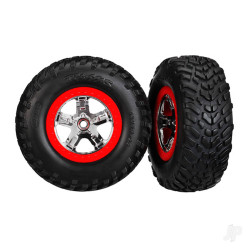Traxxas Tyres & wheels, assembled, glued (SCT chrome wheels, red beadlock style, dual profile (2.2" outer, 3.0" inner), SCT off-road racing Tyres, foam inserts) (2) (2wd front) 5888