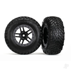 Traxxas Tyres & wheels, assembled, glued (S1 compound) (SCT Split-Spoke black, satin chrome beadlock style wheel, dual profile (2.2" outer, 3.0" inner), SCT off-road racing Tyres, foam inserts) (2) (4WD f / r, 2WD rear) (TSM rated) 5889R