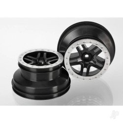 Traxxas Wheels, SCT Split-Spoke, black, satin chrome beadlock style, dual profile (2.2" outer, 3.0" inner) (2WD front) (2) 5886