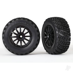 Traxxas Tyres & wheels, assembled, glued (black wheels, gravel pattern Tyres, foam inserts) (2) (TSM rated) 7473T