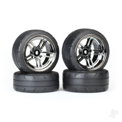 Traxxas Tyres & wheels, assembled, glued (split-spoke black chrome wheels, 1.9" Response Tyres, foam inserts) (front (2), rear (extra wide) (2)) (VXL rated) 8375