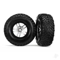 Traxxas Tyres & wheels, assembled, glued (SCT Split-Spoke satin chrome, black beadlock style wheels, dual profile (2.2" outer, 3.0" inner), SCT off-road racing Tyres, foam inserts) (2) (4WD f / r, 2WD rear) (TSM rated) 6892