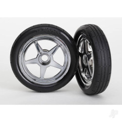 Traxxas Tyres & wheels, assembled, glued (5-spoke chrome wheels, Tyres, foam inserts) (front) (2) 6975