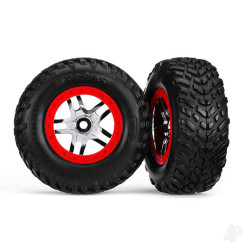 Traxxas Tyres & wheels, assembled, glued (SCT Split-Spoke chrome, red beadlock style wheels, dual profile (2.2" outer, 3.0" inner), SCT off-road racing Tyres, foam inserts) (2) (4WD f / r, 2WD rear) (TSM rated) 6891