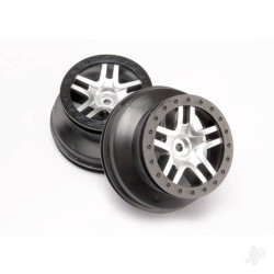 Traxxas Wheels, SCT Split-Spoke, satin chrome, black beadlock style, dual profile (2.2" outer, 3.0" inner) (4WD front / rear, 2WD rear only) (2) 6872