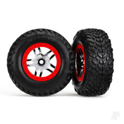 Traxxas Tyres & wheels, assembled, glued (S1 compound) (SCT Split-Spoke chrome, red beadlock style wheels, dual profile (2.2" outer, 3.0" inner), SCT off-road racing Tyres, foam inserts) (2) (4WD f / r, 2WD rear) (TSM rated) 6891R