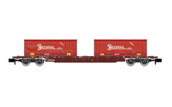 Arnold HN6654 FS, 4-axle container wagon Sgnss, brown livery, loaded with 2 x red 22' container "Spedirail", ep. VI N Gauge