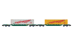 Arnold HN6657 2-unit pack 4-axle container wagons, green livery, loaded with 45' containers "nothegger" (1 x white and 1 x yellow), ep. V-VI N Gauge