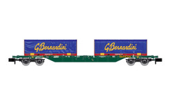 Arnold HN6655 FS CEMAT, 4-axle Sgnss container wagon, green livery, loaded with 2 x blue/red 22' coil container "Gruppo Bernardini", ep. VI N Gauge
