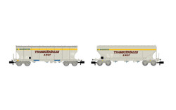Arnold HN6620 SNCF, 2-unit pack 4-axle cereal hopper wagons "Transcereales S.H.G.T. Roquette" (rounded and flat lateral sides), grey/yellow livery, ep. IV N Gauge