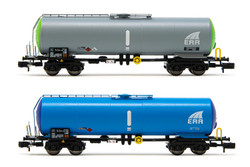 Arnold HN6537 ERR, 2-unit set 4-axle tank wagons, 1x green/grey + 1 x light blue/dark blue livery, period VI N Gauge
