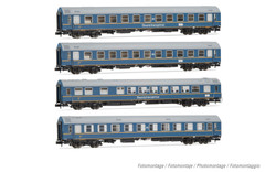 Arnold HN4420 DR, 4-unit pack OSShD type B coaches "Touristen-Express", set 1 of 2, blue livery, ep. III, 2 x WLAB + 1 x WR + 1 x Salon N Gauge