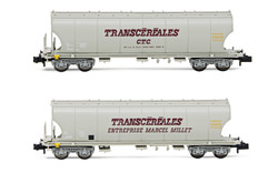 Arnold HN6558 SNCF, 2 unit pack 4-axle hopper wagons with rounded walls Transcereales CTC + Enterprise Marcel Millet N Gauge