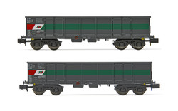 Arnold HN6534 STLB, 2-unit set 4-axle open wagons Eaos, grey/green/red livery, loaded with scrap, period V-VI N Gauge