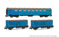 Arnold HN4457 RENFE, 3-unit set "Tajo de Via", type 5000 coach + 2 x J3 wagons, blue livery, ep. IV-V N Gauge