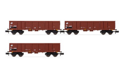 Arnold HN6414 FS, 3-unit set 4-axle open wagons Eaos, brown livery, loaded with scrap, period IV-V N Gauge