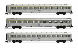 Arnold HN4338 SNCF, 3-unit pack DEV Inox coaches, A9, A5 bar coach + B10, period IV N Gauge