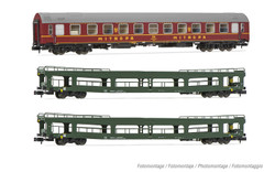 Arnold HN4424 DR, 3-unit pack OSShD type B coaches, "Spree-Alpen-Express", set 2 of 2, green and red livery, ep. IV, 1 x WR + 2 x DDm N Gauge