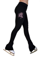 ChloeNoel P622F All Black 3" Waist Band Light Weight Fleece Figure Skating Pants w/ Mini Fuchsia Ribbon Crystals Combination