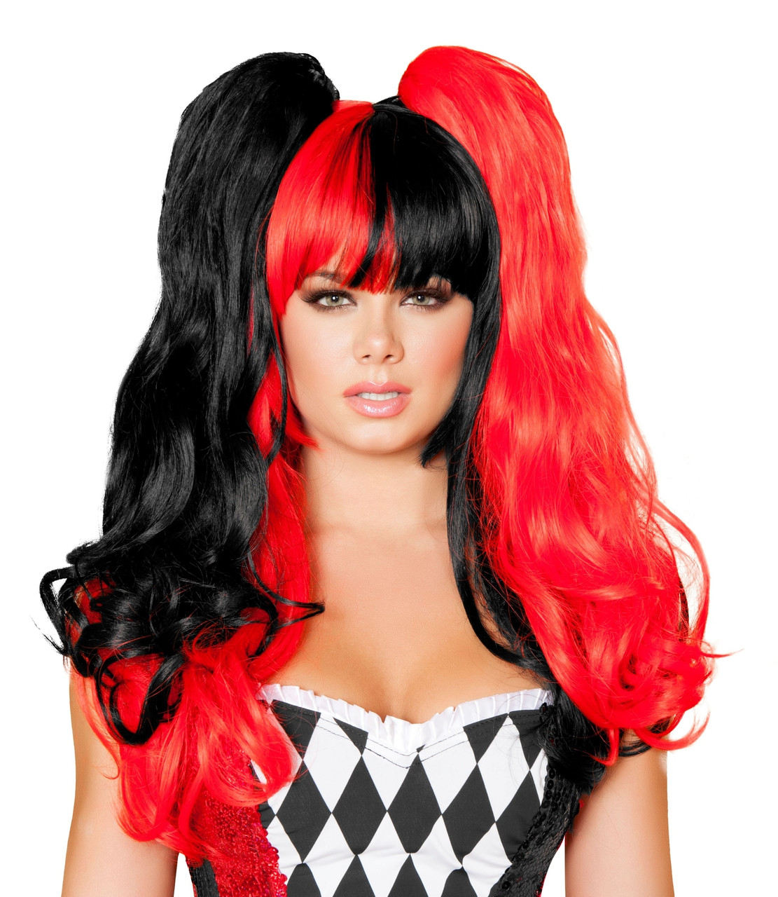 Sexy Roma Red Black Curly Pigtails Bangs Clown Jester Harlequin Girl Long  Hair Wig Bangs Pigtails