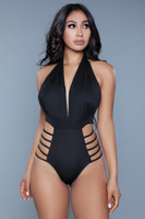 Plunging Halter Draped Strappy Backless Swimsuit