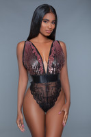 Lace and Sequins Plunging Bodysuit