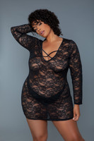 Criss-Cross Strap Neck Long Sleeve Lace Chemise