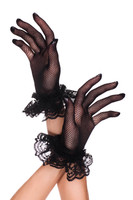 Wrist Length Fishnet Lace Ruffle Trim Gloves