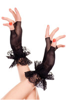 Short Fingerless Fishnet Lace Ruffle Trim Gloves