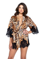 Leopard Print Charmeuse & Lace Robe